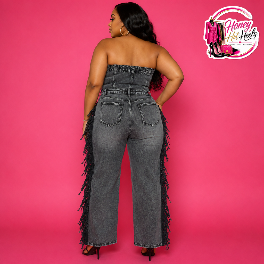 Plus Meoki Denim Fringed Jumpsuit