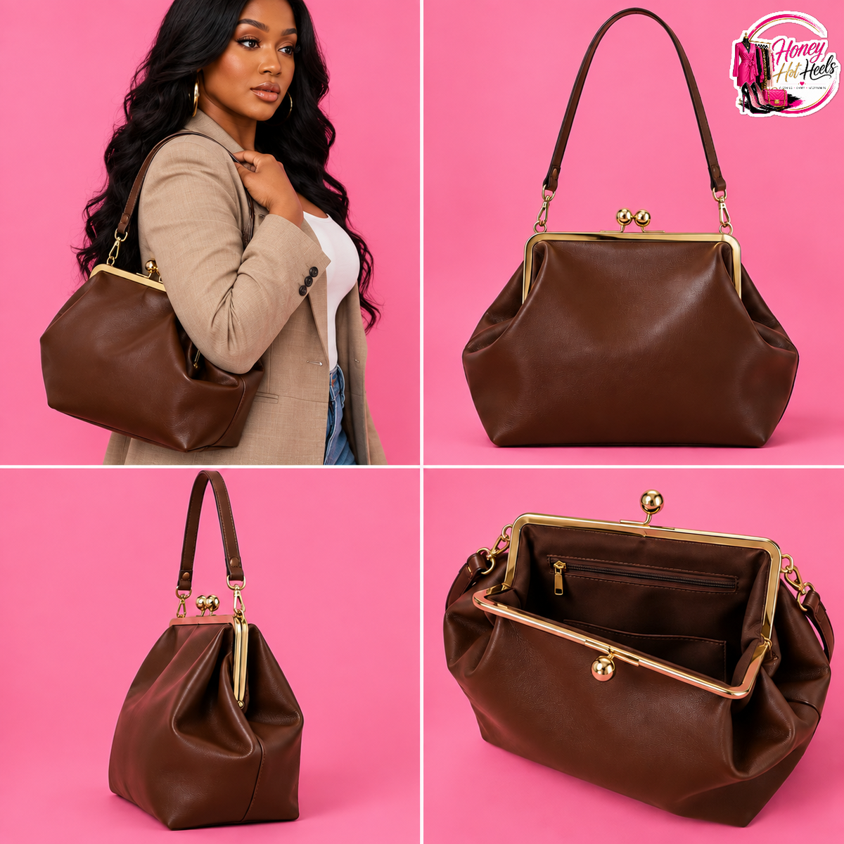 Vintage-Inspired Chocolate Kiss-Lock Handbag