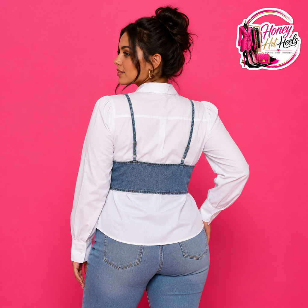 Princa Poplin Top With Removable Denim Vest