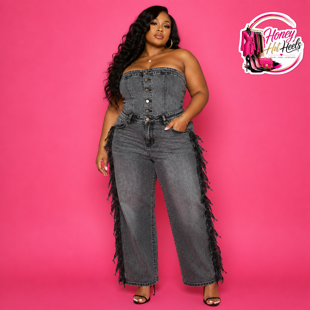 Plus Meoki Denim Fringed Jumpsuit