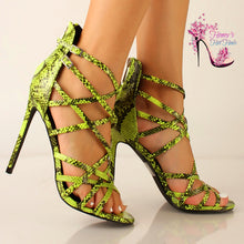 Load image into Gallery viewer, Lime Snakeskin Strappy Sandals
