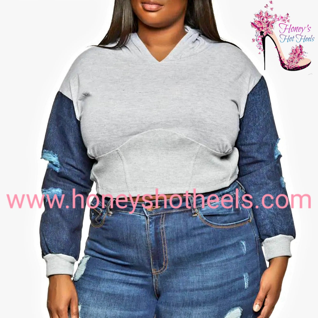 MiMi Denim Sleeve Cropped Hoodie